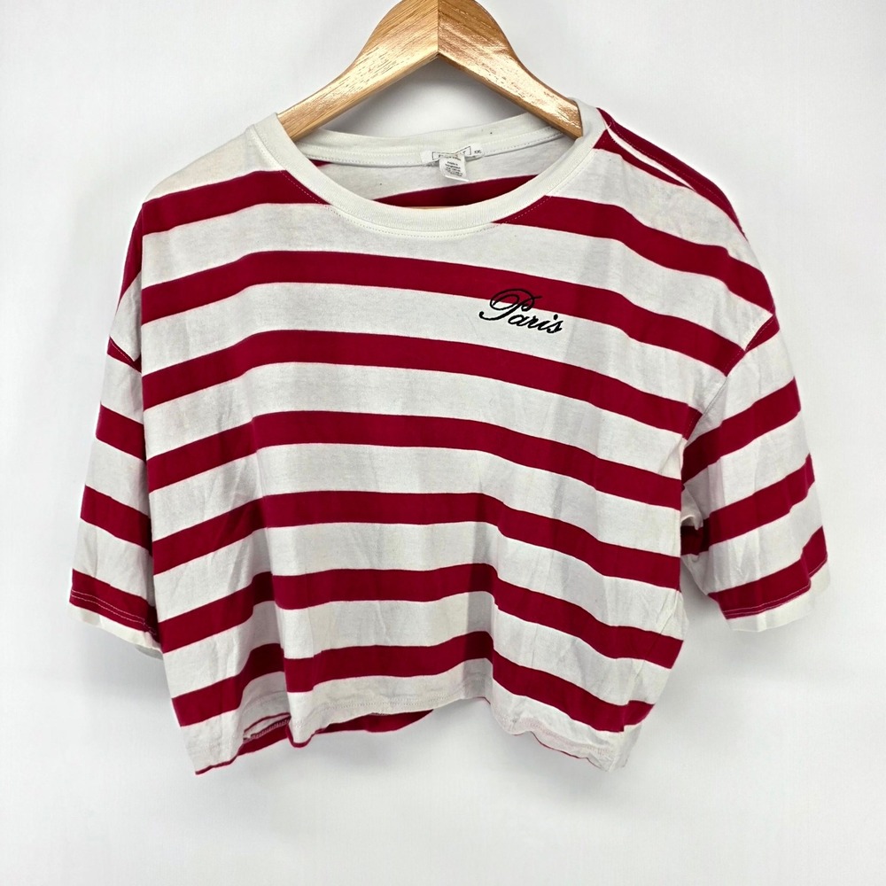 Full Tilt T-Shirt Womens XXL Red White Striped Paris Embroidered Crop Top Tee
